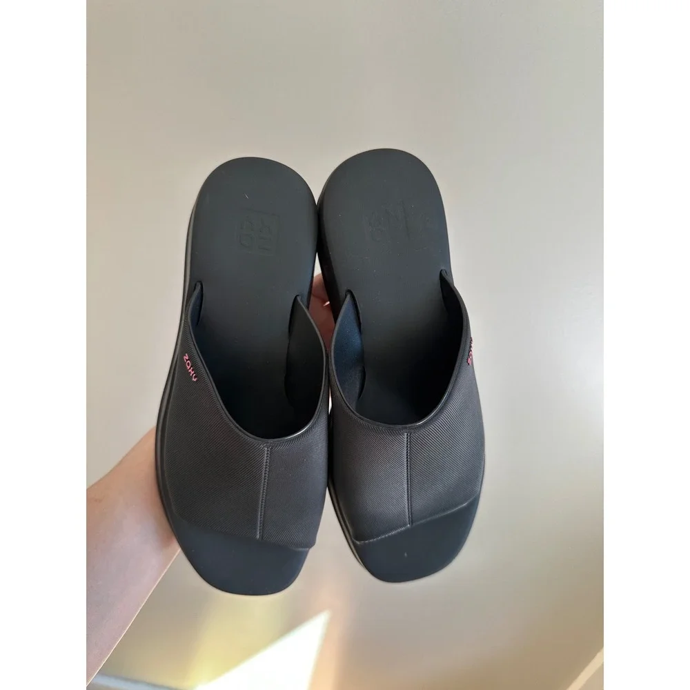 Zaxy Platform Slide Sandals Womens Size 8 Black EUC Minimalist Y2K Chunky Sole